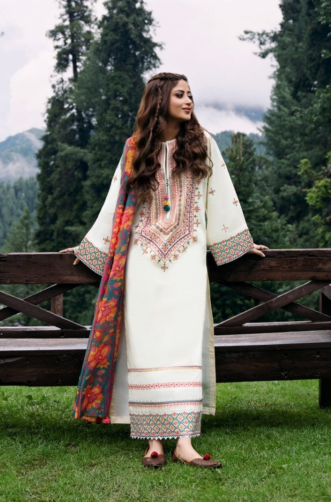 Sapphire - 3 PC Unstitched Lawn Embroidered Shirt with Printed Shawl and Trouser