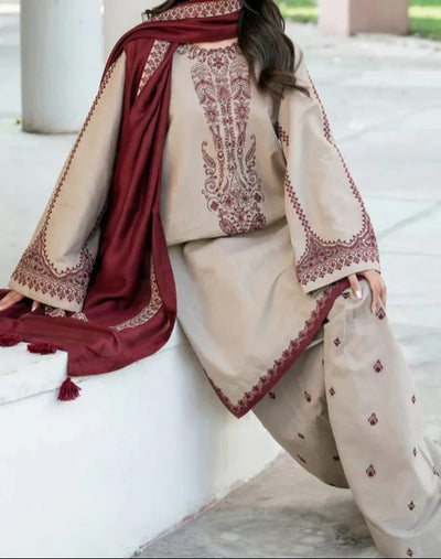 3 Piece - Unstitched Dhanak Suit Embroidered Suit With Embroidered Dhanak Shawl sk-700